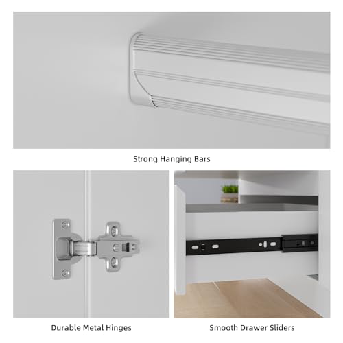 Armoire Wardrobe Closet with Drawers and Doors, 4 Door 2 Drawers White Bedroom Armoires Wooden Wardrobe with Shelves and Hanging Rod, 20.39" D x 63" W x 78.74" H