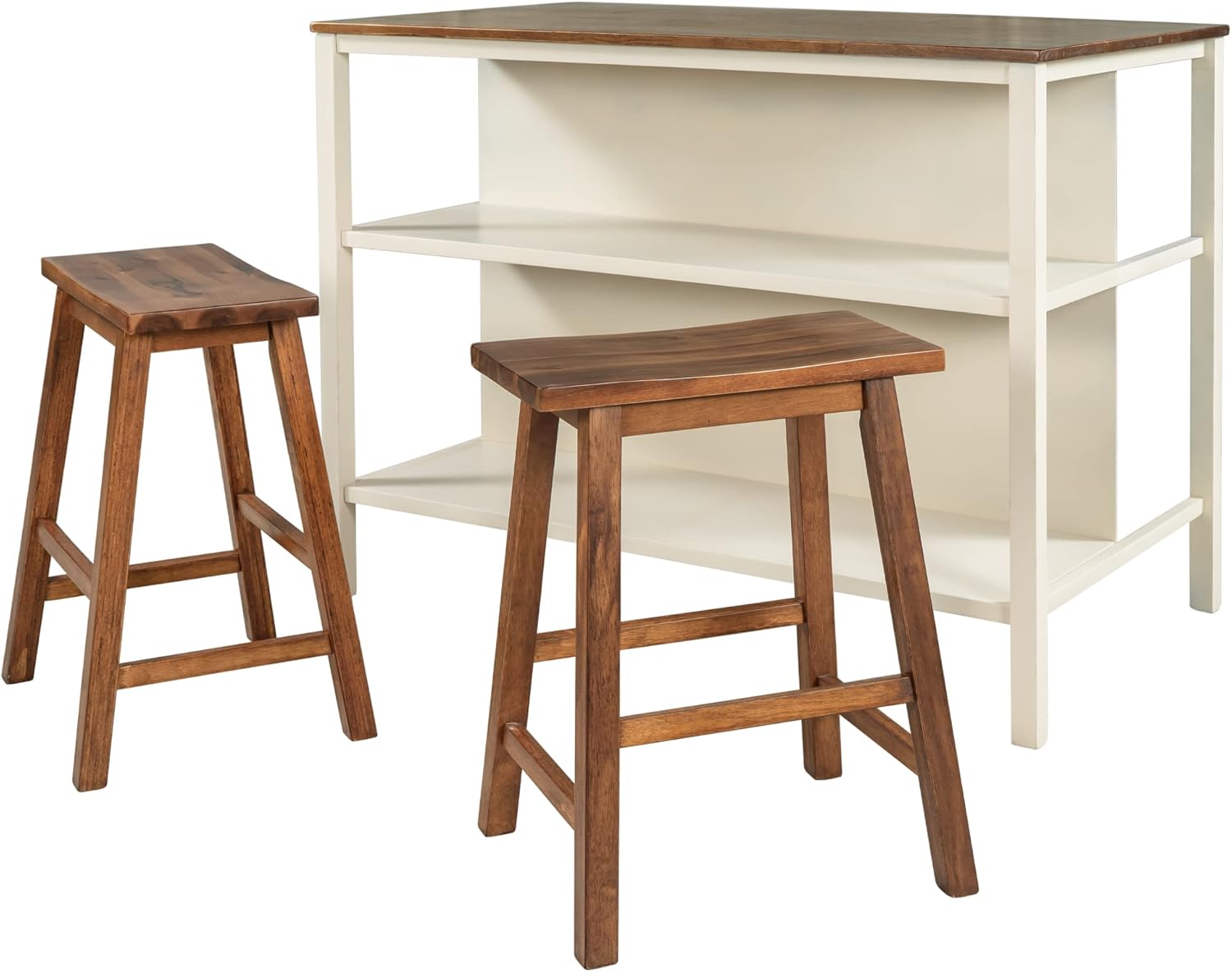 Solid Wood Rustic 3-piece 45" Stationary Kitchen Island Set with 2 Seatings, Rubber Wood Butcher Block Dining Table Set Prep Table Set with 2 Open Shelves for Small Places,Walnut+Cream White