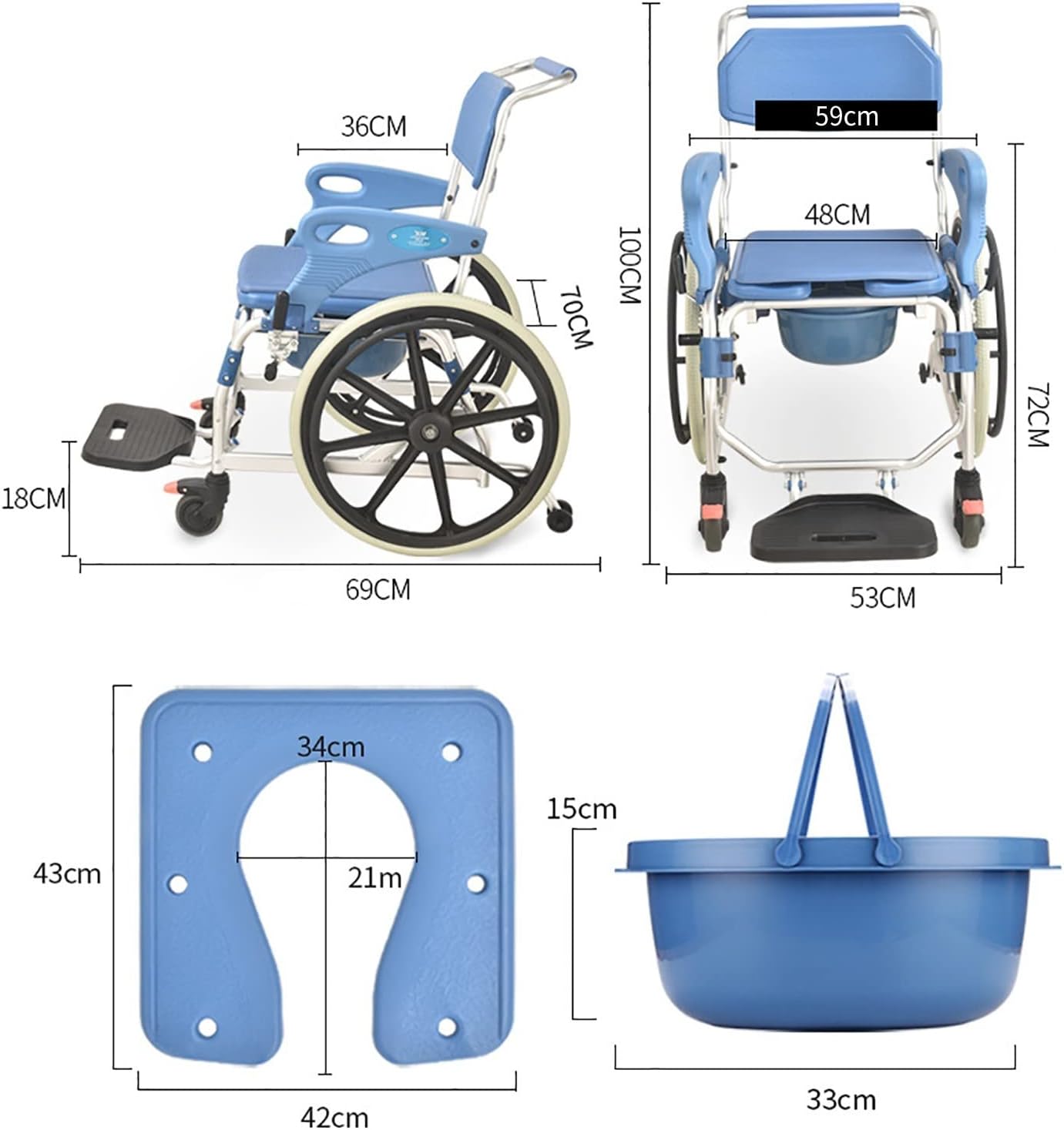Commode Toilet Chair, Wheeled Shower Commode Toilet Chair, Bedside Commode Chair with Wheels, Mobile Toilet Transport Wheelchair for Elderly and Disabled, 330 Lbs