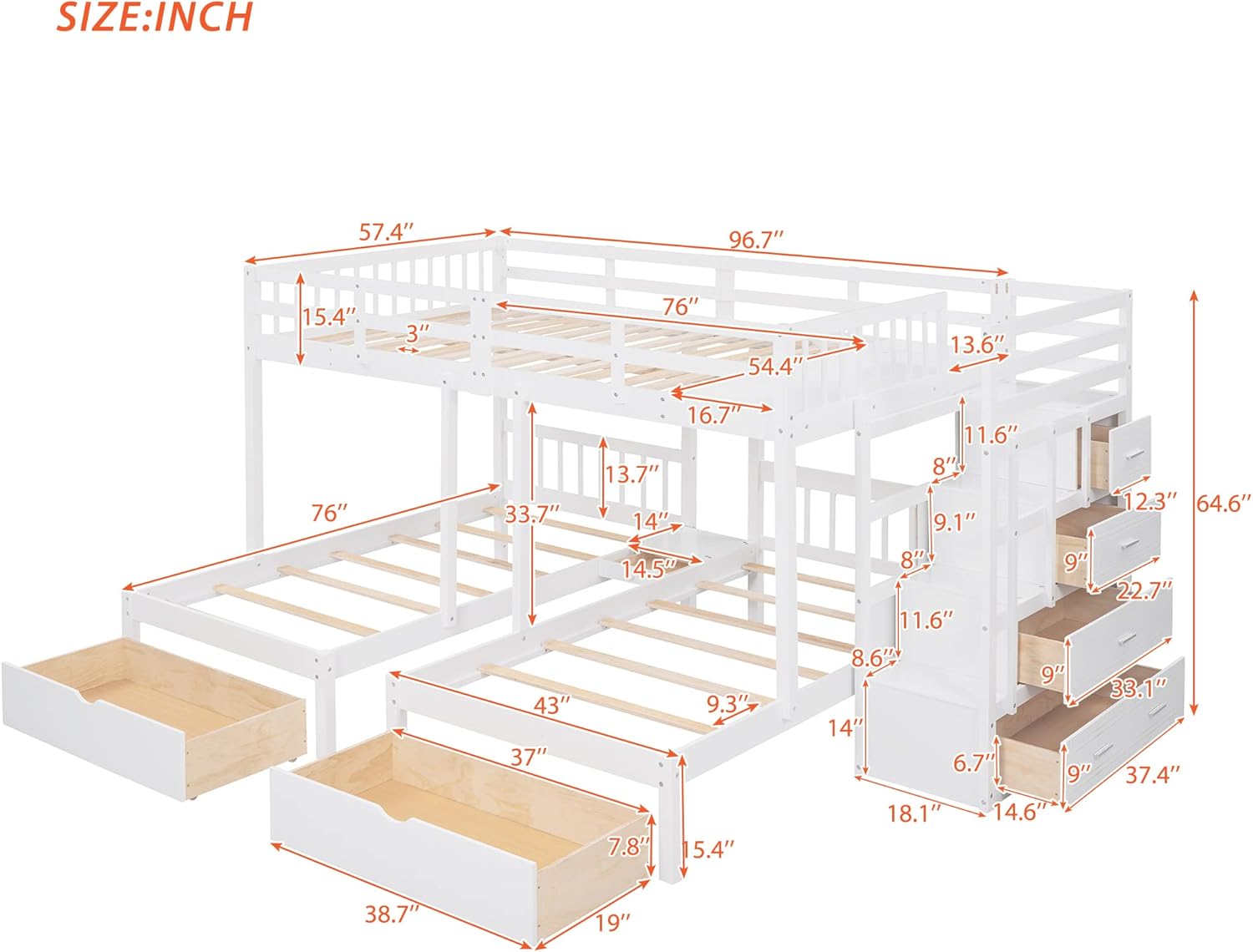 SOFTSEA L-Shaped Triple Bunk Beds with Staircase Corner Bunk Bed with 2 Storage Drawers, Full Over Twin & Twin Bunk Beds for Kids, Triple Bunk Beds with Stairs and Drawers
