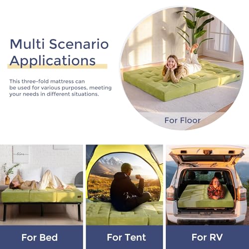 MAXYOYO Tri-Fold Mattress, 6 Inch Tufted Folding Mattress Full Foam Bed, Foldable Floor Mattress Guest Bed Mattress Topper Portable Camping Sleeping Bed with Corded Fabric, Black, 53"x75"