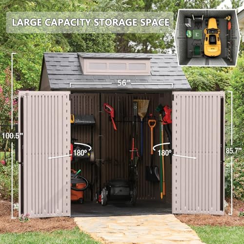 Large Resin Outdoor Storage Shed with Floor (7-10.5 Ft) - Weatherproof Double Wall Construction for Lawn Mowers, Garden Tools, Bike & Pool Supplies, Lockable (Brown, 7x7 FT)