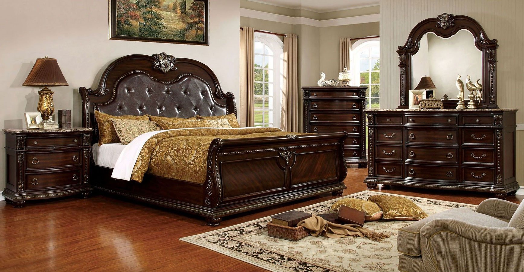 Brown Cherry Formal Luxurious Eastern King Size Bed Camel Back Sleigh Design Tufted Padded HB Faux Wood Carved Detail 1pc Bed