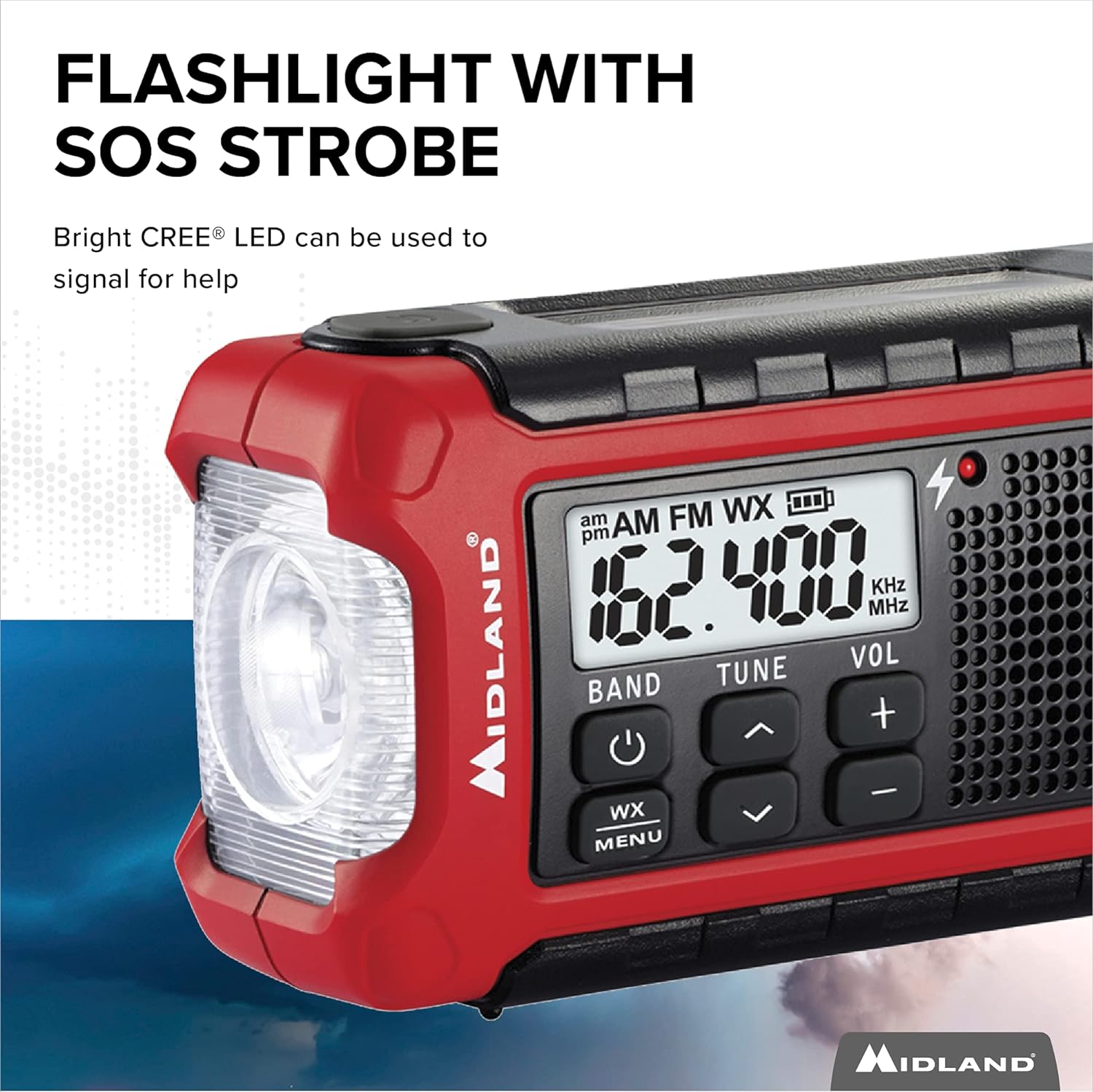 Midland - ER310, Emergency Crank Weather AM/FM Radio - Multiple Power Sources, SOS Emergency Flashlight, Ultrasonic Dog Whistle, & NOAA Weather Scan + Alert (Red/Black)