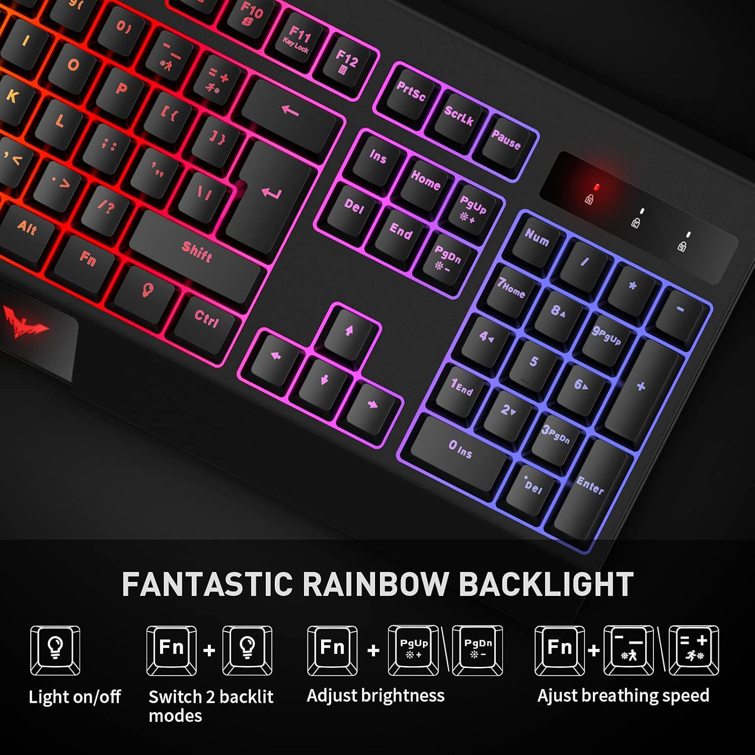 Havit Rainbow Backlit Wired Gaming Keyboard 104 Keys Gaming Keyboards LED USB Ergonomic Keyboard for PC Windows Gamers