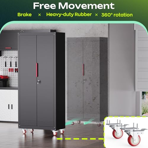 Metal Garage Storage Cabinet, Tall Garage Cabinets with 5 Adjustable Shelves, Steel Tool Storage Cabinet with Wheels,Lockable Heavy Duty Metal Cabinets for Home, Warehouse,Basement
