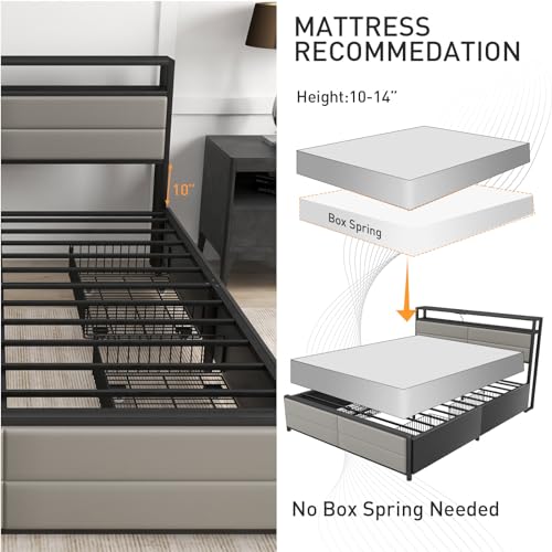 Bonzy Home Full Size Bed Frame with 4 Storage Drawers and USB Port, Platform Bed Frame with Lights, Strong Metal Slats Support, No Box Spring, Non-Noise, Mattress Foundation, Grey