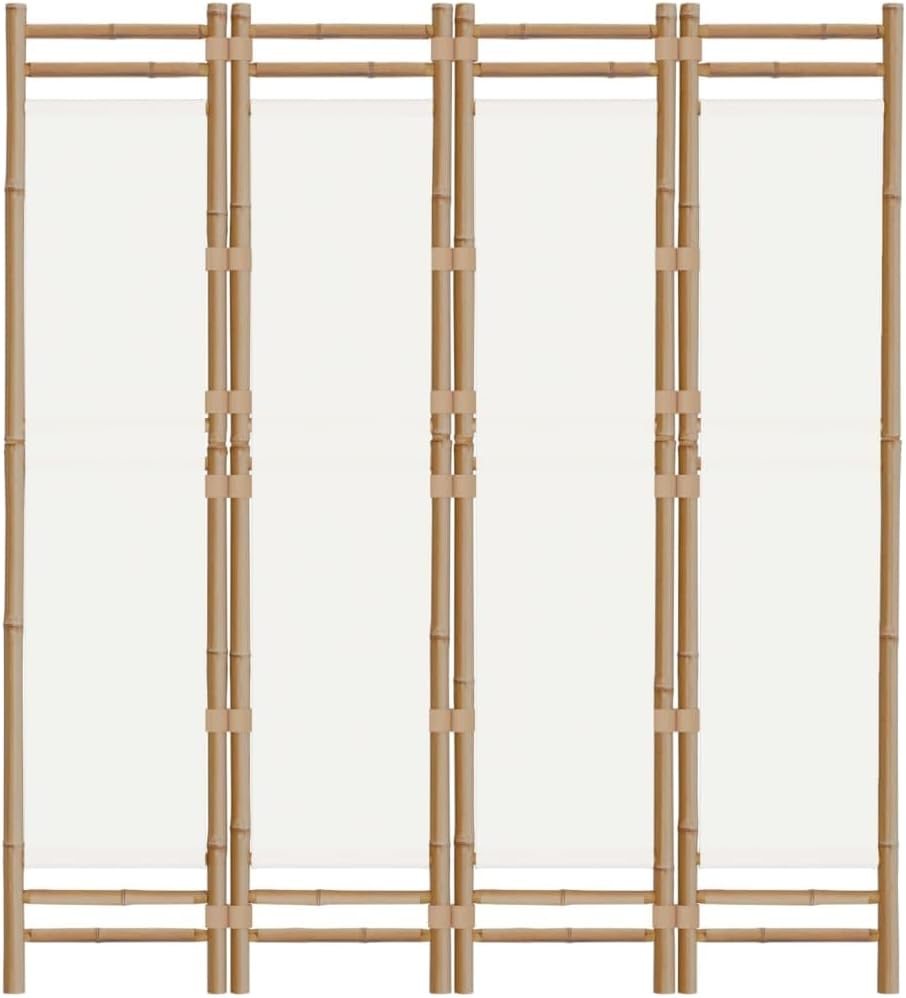 Folding 4-Panel Room Divider 63" Bamboo and Canvas,Bamboo Room Divider for Privacy and Style, Foldable Partition for Any Room, Cream White Furniture for Bedroom