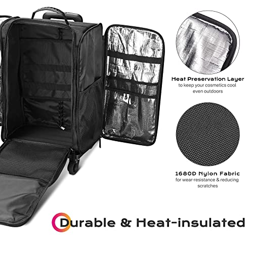 BYOOTIQUE Classic Black Rolling Makeup Train Case Soft Sided Cosmetic Storage Makeup Organizer Carry on Travel with Removable Side Pocket Bag