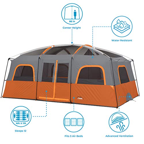 CORE Tent for Family Camping | 10 Person / 11 Person / 12 Person Large Multi Room Cabin Tents for Car Camping & Outdoor Adventures