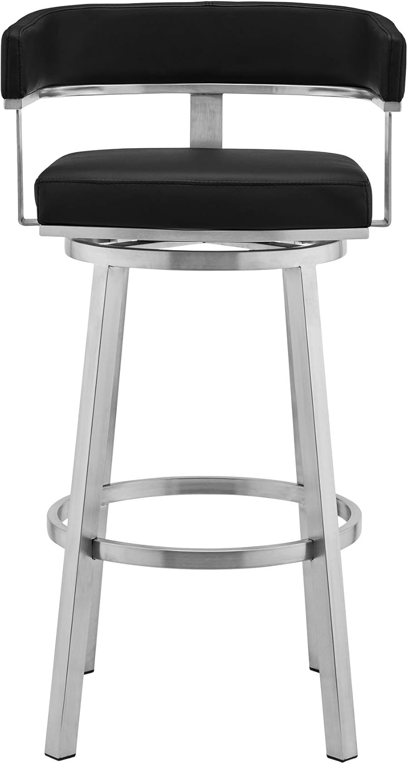Armen Living Cohen 26" Black Faux Leather and Brushed Stainless Steel Swivel Bar Stool