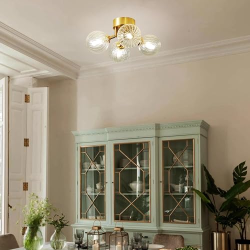Semi Flush Mount Bubble Ball Chandelier Lighting, Dia 13" 4-Light Gild Brass and Clear Ripple Blown Glass Globe Farmhouse Chandelier Close to Ceiling Light Fixtures for Bedroom Bathroom