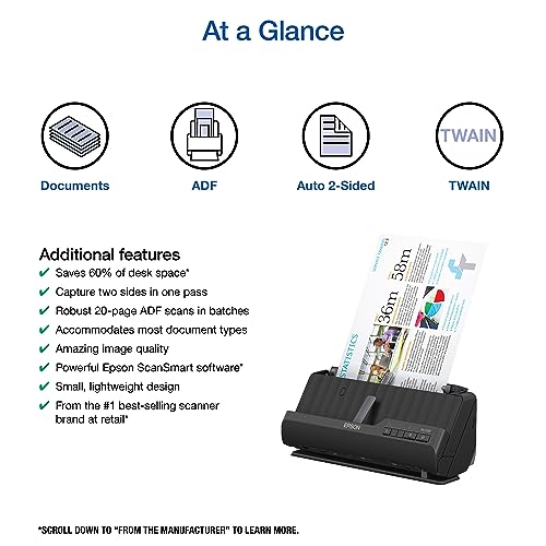 Epson - Workforce ES-C320W - Wireless Compact Desktop Document Scanner - 2-Sided Scanning and Auto Document Feeder - Paper and Card Scanner - Black