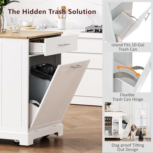 60" Kitchen Island with Drop Leaf and Power Outlet, Rolling Kitchen Cart on Wheels with Trash Can Storage Cabinet, Spice Rack, Towel Rack and Adjustable Shelf for Dining Room