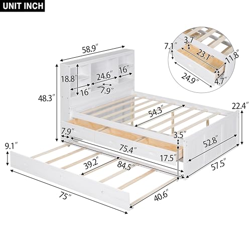 Full Size Platform Bed Bookcase Captain Bed with 6 Drawers and Bed End Storage Case, Wood Captain Platform Bed Frame with Storage Headboard, Sturdy Slat Support (Grey-4)