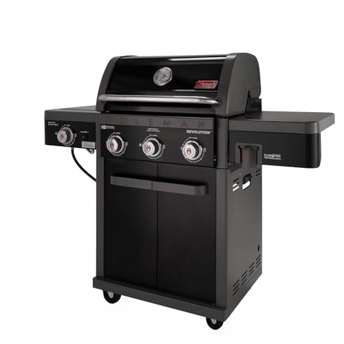Coleman Revolution 2-Burner 30,000 BTU BBQ Gas Grill with 440-Sq. In. Total Cooking Surface, 2 Side Shelves, Flare-Free Grates, and 4-Wheel Compact Cart, Portable Propane Grill in Black