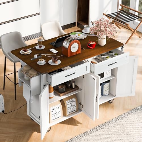 Kitchen Island with Storage, Rolling Kitchen Island Cart On Wheels with Power Outlet & Drop Leaf Countertop, Mobile Island Table for Kitchen with 2 Drawers 2 Cabinet, Spice Rack, Towel Rack, Black