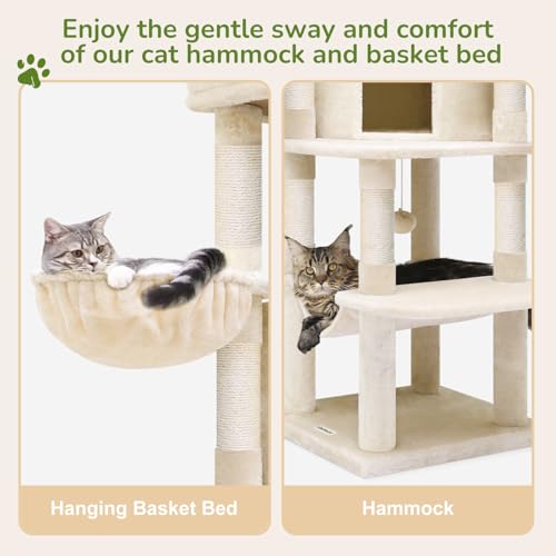 Globlazer Corner Cat Tree for Large Cats, 66inch Tall Curved Series Large Cat Tower for Multiple Indoor Cats with 6 Scratching Posts, 2 Spacious Cat Condos, Hammock, Hanging Basket, C66, Beige