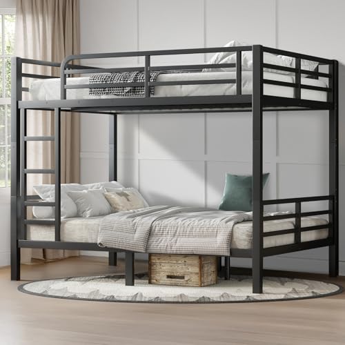 Twin XL Over Twin XL Bunk Bed, Metal Bunk Bed Frame Heavy Duty Bunk Beds Loft Bed Frame with Ladder and Guardrail Metal Slats No Box Spring Required for Adults Teens, Black