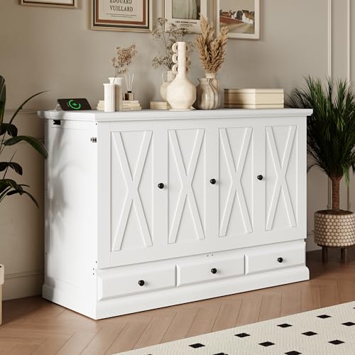 Harper & Bright Designs Queen Size Murphy Bed, Solid Pine Murphy Bed Frame Cabinet with Charging Station and Large Drawer, White