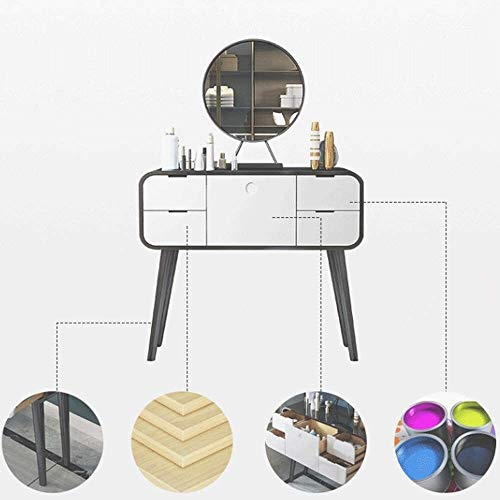 Luxury Dressing Vanity Table w/Stool for Bedroom, Nordic Dresser Desk Stainless Steel Mini Makeup Table Multifunctional Storage Room with Mirror Stool(White)