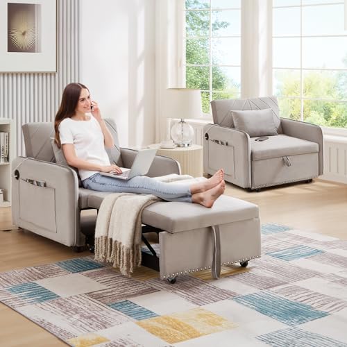 Convertible Chair Bed with USB Ports, 3 in 1 Modern Velvet Pull Out Sofa Bed Chair, Single Sleeper Chair with Pillow for Living Room, Small Spaces, Apartment, Office, Black