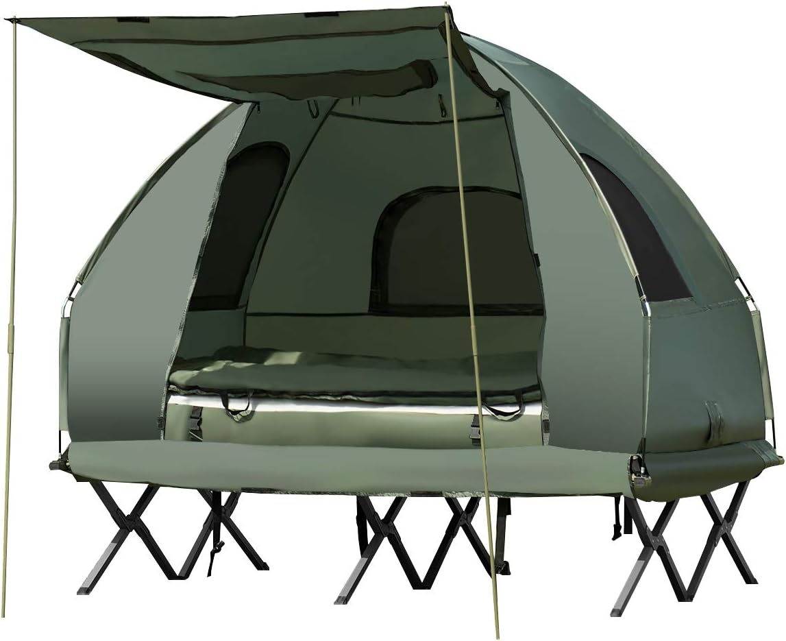 GYMAX Camping Tent Cot, Folding Tent Combo with Air Mattress & Sleeping Bag, Off-Ground Tent Shelter with Carry Bag for Hiking, Camping, Picnic Outdoor Activities
