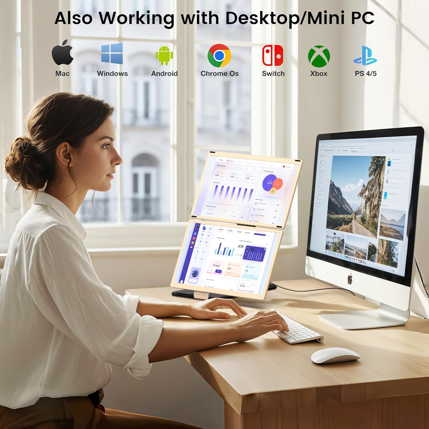 15.6’’ Laptop Screen Extender, Portable Triple Monitor for Laptop with 86% NTSC IPS FHD 1080P Display, Detachable Monitor Extender Compatible with Wins/Mac/Dex/Chrome, Working with Desktop/Mini PC