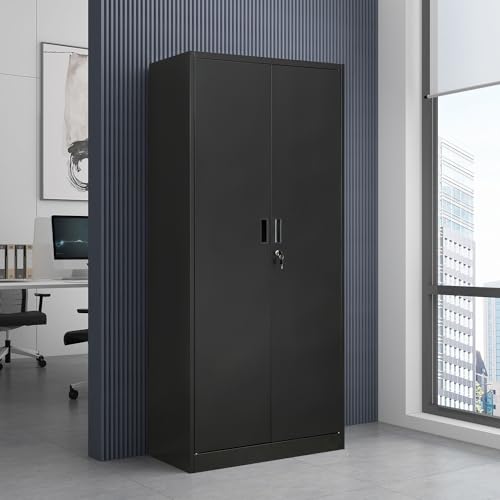 Metal Storage Cabinet, 72" Lockable Garage Tool Cabinet with Doors and Shelves, Tall Steel Cabinet for Garage, Locking Storage Cabinet for Home, Office, Garage, Gym, School（White）