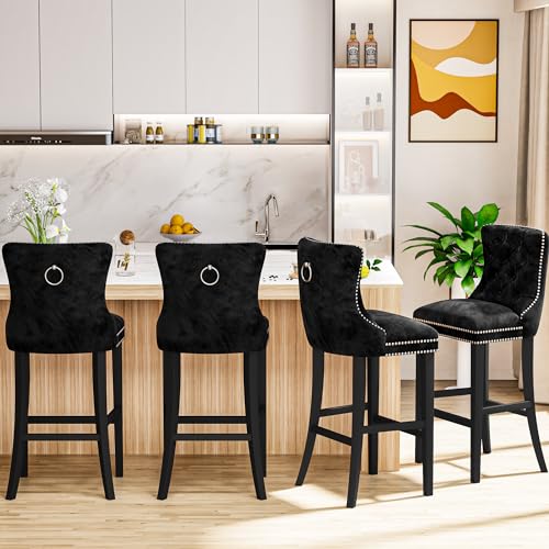 Recaceik Velvet Counter Height Bar Stools Set of 2, Upholstered Tufted Bar Stools with Back, 27" Kitchen Counter Stool for Island, High Back Kitchen Island Chairs for Home Bar, Dining Room(Blue)