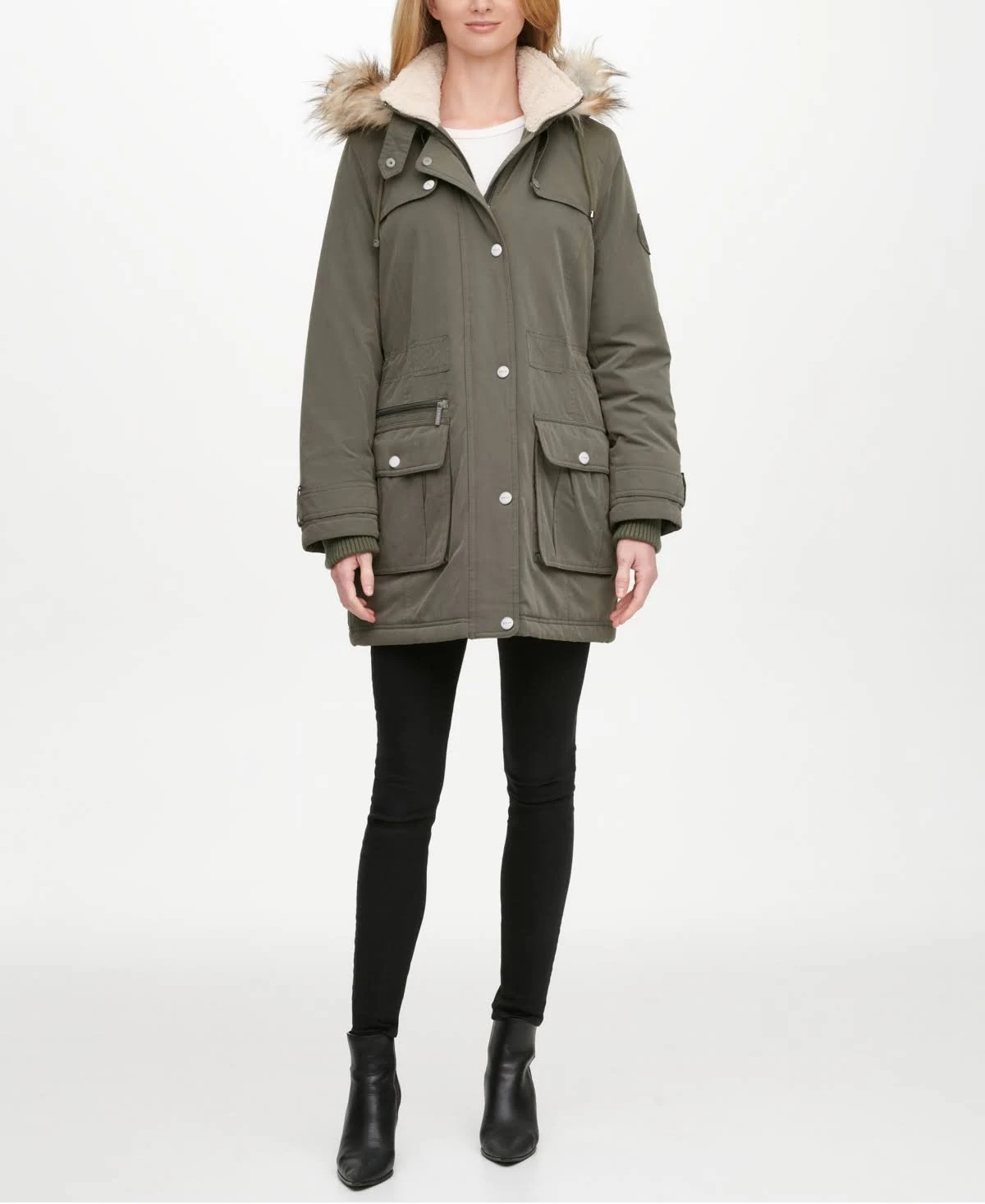 Dkny Faux-Fur Trim Hooded Water-Resistant Anorak Coat - Olive