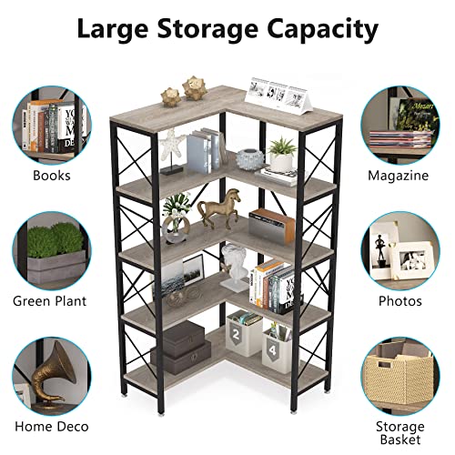 Tribesigns 5-Shelf Corner Bookshelf, Large Modern Corner Bookcase, 5-Tier Tall Corner Shelf Storage Display Rack with Metal Frame for Living Room Home Office (Grey)