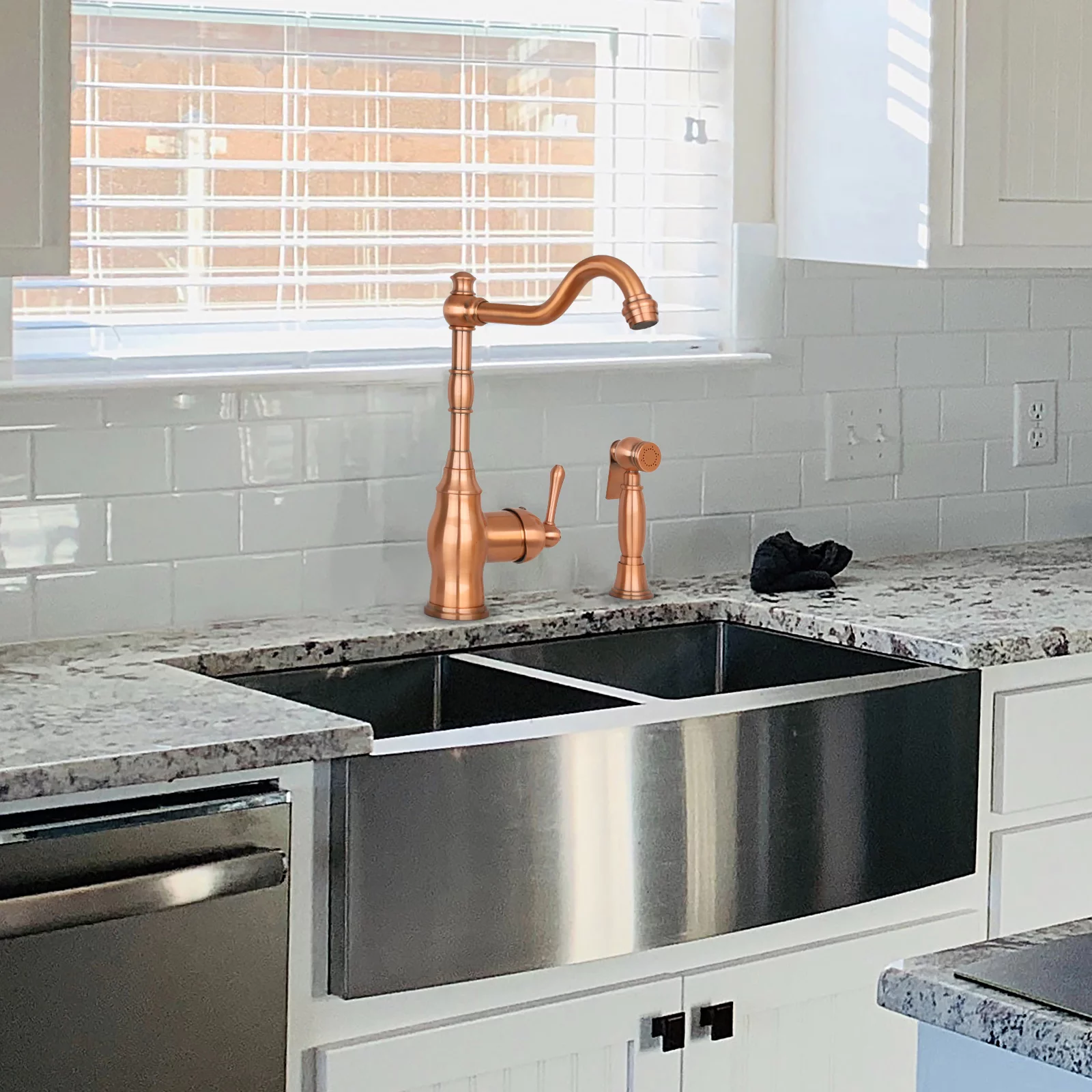 Akicon One-Handle Copper Widespread Kitchen Faucet with Side Sprayer Copper Copper Finish