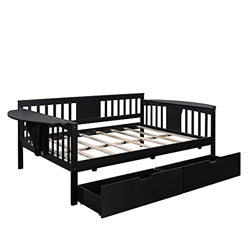 Twin Size Wooden Extendable Daybed with Trundle and 2 Storage Drawers, Platform Day bed with Wood Slat Support, for Bedroom, Living Room, No Spring Box Needed, Easy Assemble