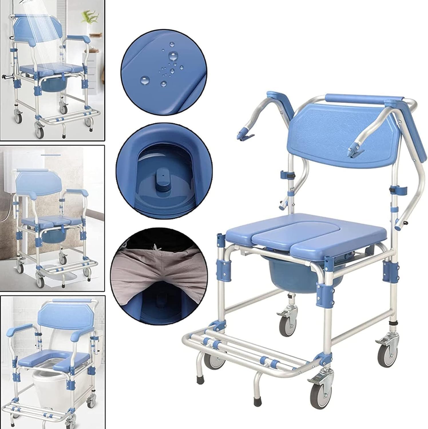 Commode Wheelchair - Portable Toilet Chair - Shower Chair with Wheels - with Padded Seat Movable Armrest Folding Pedal - Bedside Commodes for Easy Transfer of Seniors Disabled
