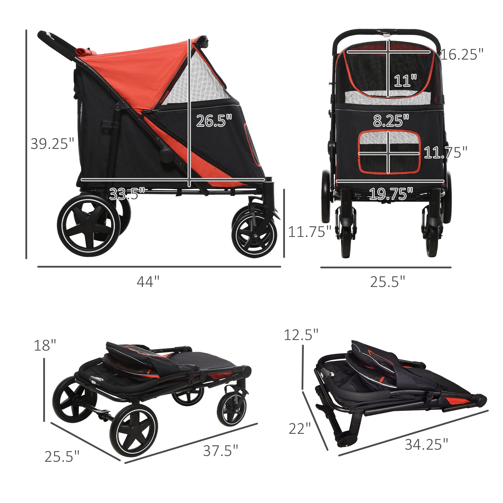 Pet Stroller - Foldable Dog Stroller with 2 Safety Lashes - Gray