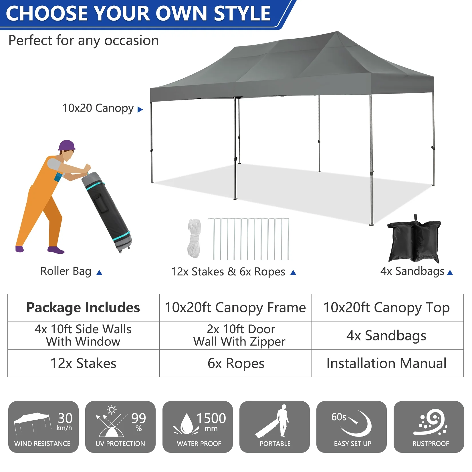 COBIZI 10x20 Pop up Canopy, Commercial Heavy Duty Canopy UPF 50+ All Weather Waterproof Outdoor Wedding Party Tents Gazebo with Roller Bag, Gray