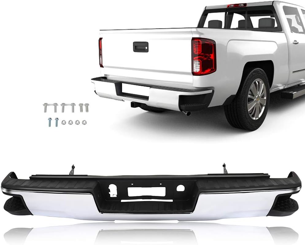 FINDAUTO Chrome Back Bumpers, Rear Step Bumper fit for 2014-2018 for Chevy Silverado for GMC Sierra 1500 without Parking Sensor Holes