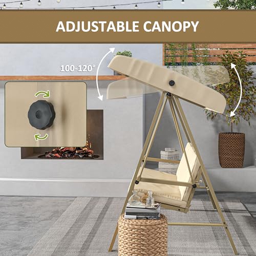 Outsunny 3-Seat Outdoor Porch Swing with Stand, Heavy Duty Patio Swing Chair with Adjustable Canopy, Removable Cushions, Breathable Mesh Seat for Garden, Backyard, and Poolside, Beige