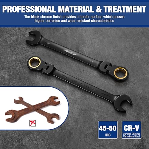 WORKPRO 22-piece Ratcheting Wrench Set with 180° Flex Head, Anti-Slip Tooth, Combination Wrench Sets with Organizer Box, Metric 6-18mm & SAE 1/4-3/4", Black Electrophoretic Coating