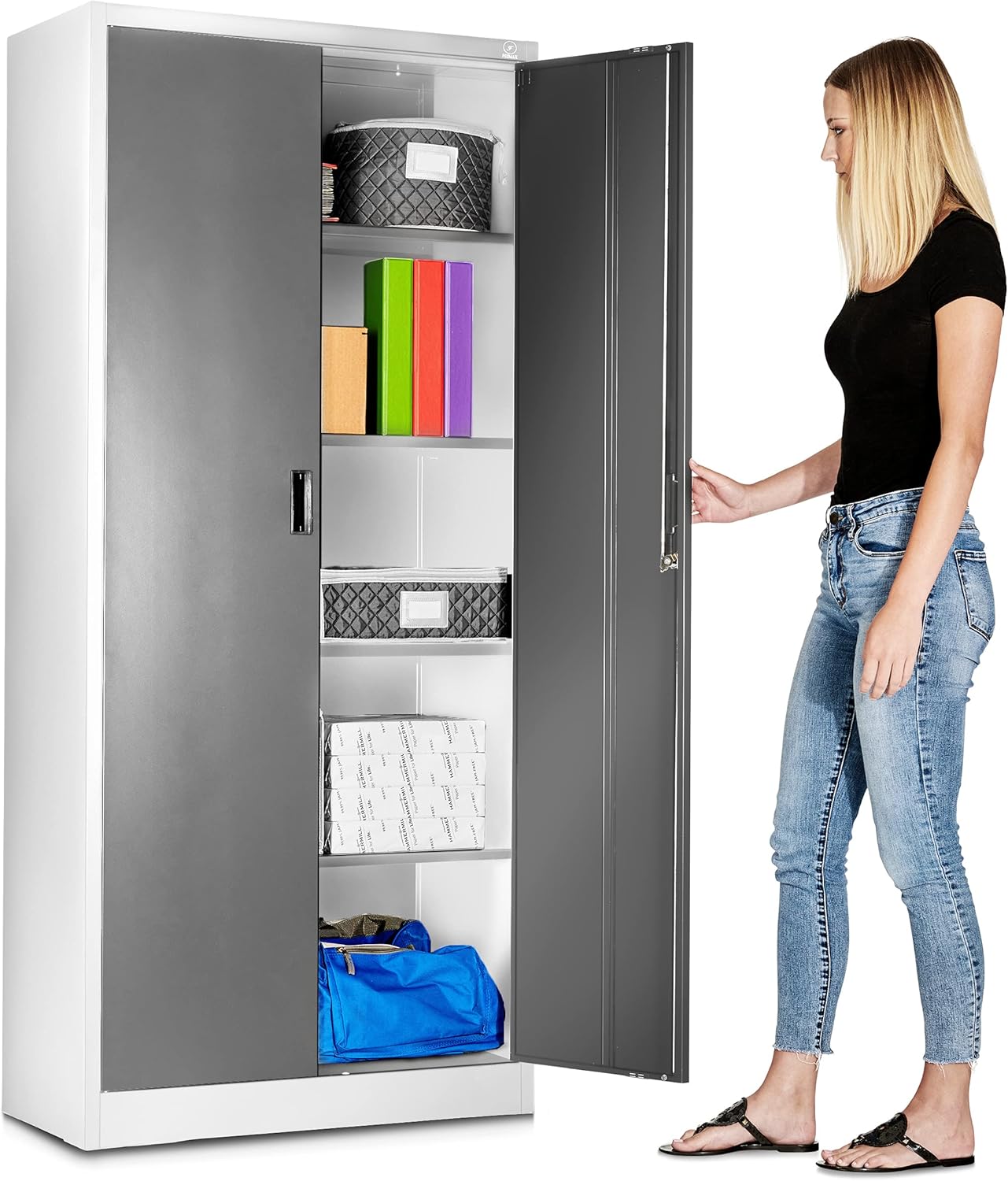 Fedmax Metal Garage Storage Cabinet - 71-inch Tall, Large Industrial Locker with Adjustable Shelves & Locking Doors - Steel Utility Cabinets for Office, Classroom, Pantry - Black/Grey