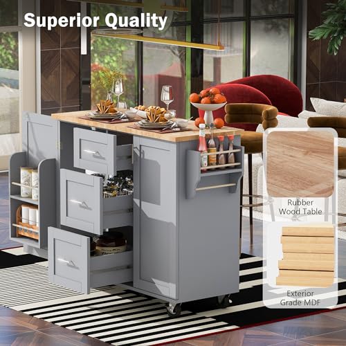 Kitchen Cart with Wood Drop-Leaf Countertop, Kitchen Island on Wheels with Adjustable Shelf Storage Cabinet and 2 Drawers, Concealed Sliding Barn Door, 52.2" for Dining Room,Home Bar,Black