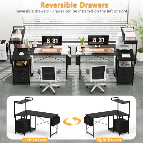 47 inch L Shaped Desk with 3 Fabric Drawers, Reversible Computer Desk with Top Shelf & Storage Shelf & CPU Stand for Home Office,Corner Gaming Desk Work Study Table for Gaming Writing,Black
