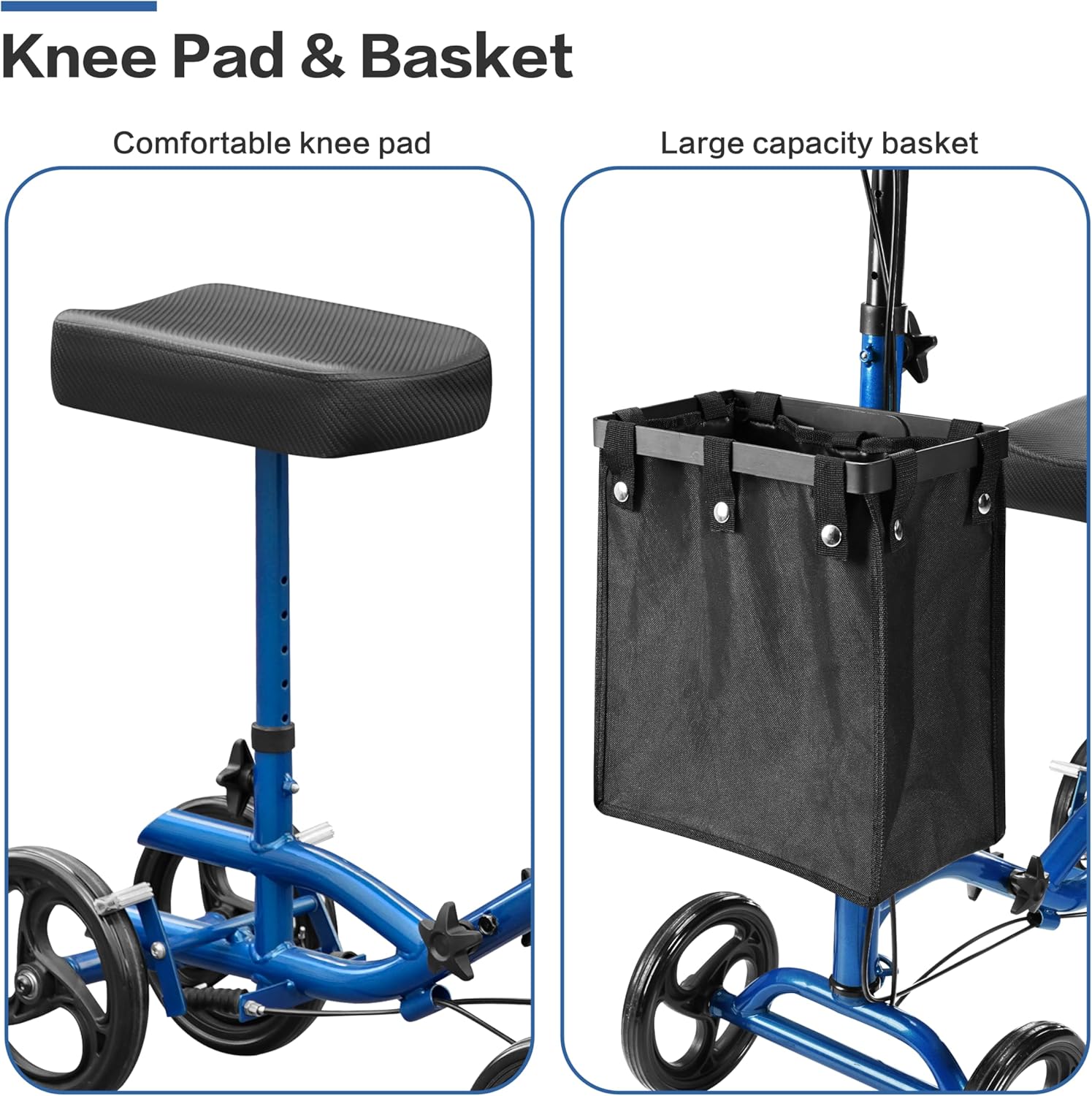 All Terrain Steerable Knee Scooter Deluxe Medical Scooter for Adults for Foot Injuries, Foldable Knee Walker Leg Crutch Alternative, 8" Solid Wheel, Blue