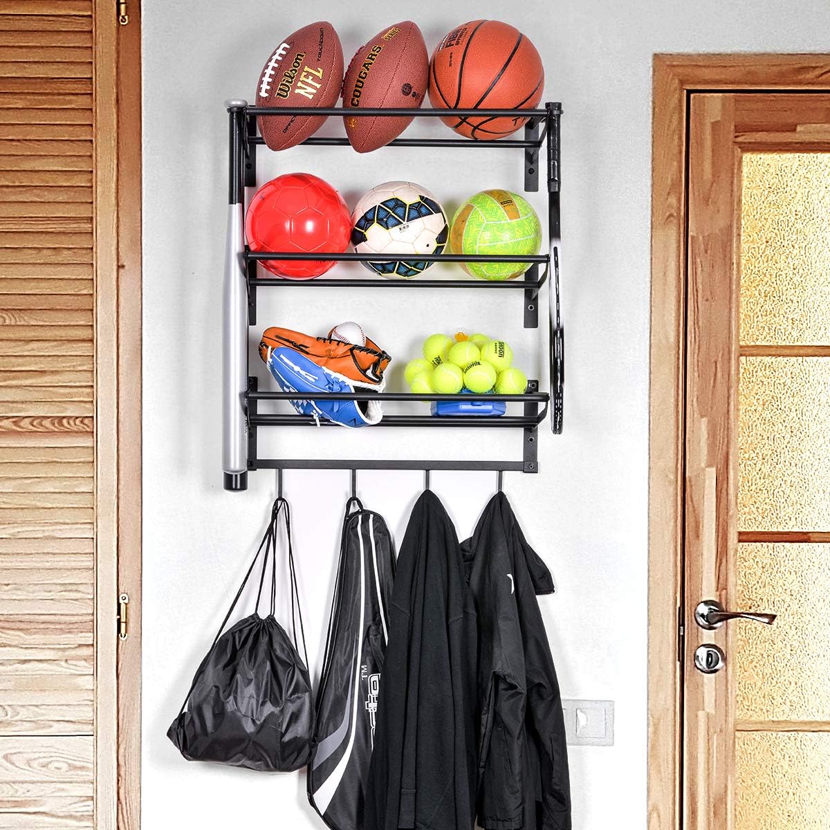 Sunix Garage Sports Equipment Storage, Basketball Rack with 3 Racks, Sports Equipment Organizer Wall Mount Shelf with 4 Hooks for Rackets, Sports Equipment Storage Rack, Basketball Rack Pack of 2