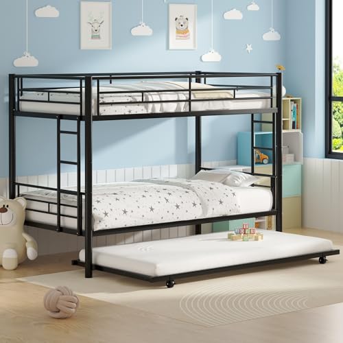 VECELO Metal Loft Bed Twin Size, Heavy Duty Bedframe with Removable Ladder and Safety Guardrail, Space-Saving, Noise Free, No Box Spring Needed, Off White