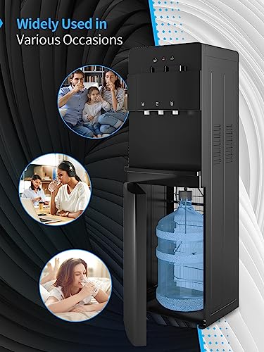 TABU Bottom Loading Water Cooler Dispenser of 3 Temperature Settings - Hot, Cold, Room Water, for 3 or 5 Gallon Bottles, with Child Safety Lock& Anti-Scalding Design, (Black)