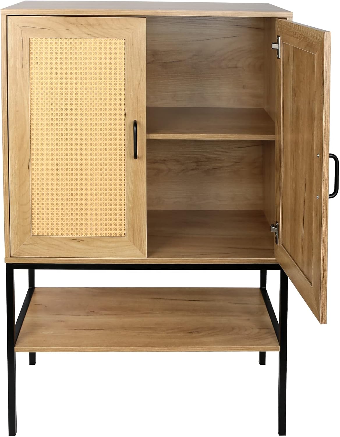 Elegant Cabinet with 2 Rattan Doors Bedroom Living Room Kitchen Cupboard Wooden Furniture with Bottom Shelf Easy Assembly Natural Color