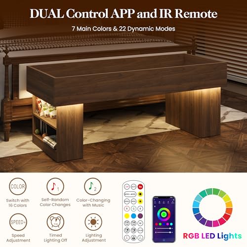 Modern Wooden Pet Bed with 2 Cushions and Led Light, Elevated Dog Bed for Small and Medium, Pet Furniture with Storage, Walnut