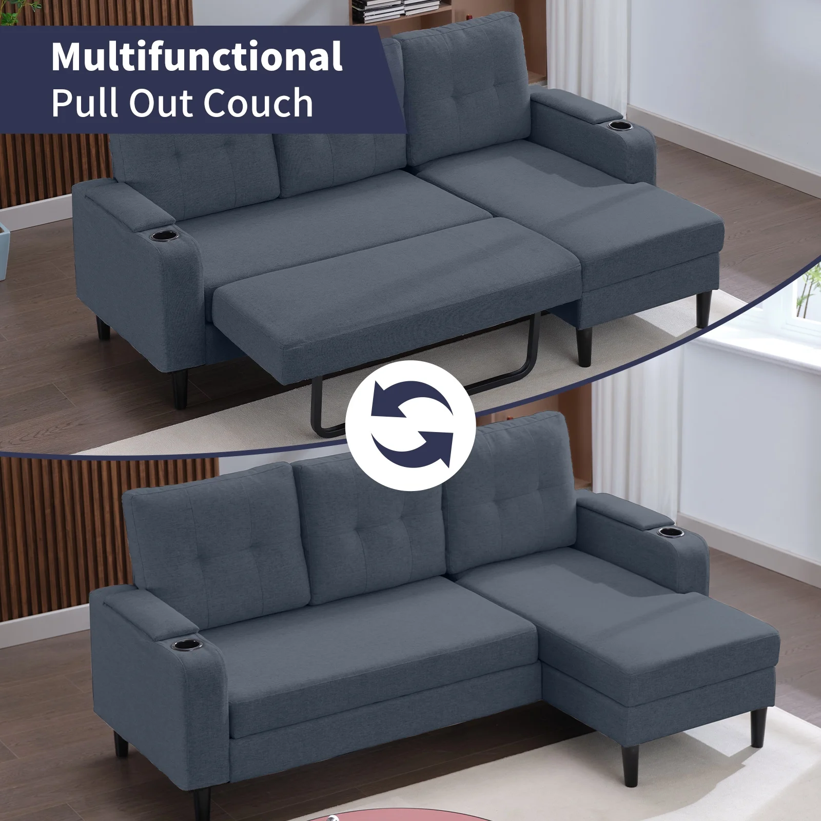 ijuicy Pull Out Sofa Bed, 3-Seat Pull Out Couch Bed with Linen Upholstered, 80” Sleeper Sofa with Storage Armrest & Cupholders, L-Shape Sectional Sleeper Sofa for Living Room, Apartment Dark Grey